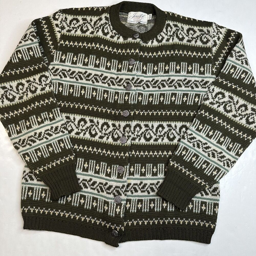 Vintage Wool Cardigan Jersild M/L Olive Green Fair Isle Button Front Sweater EUC